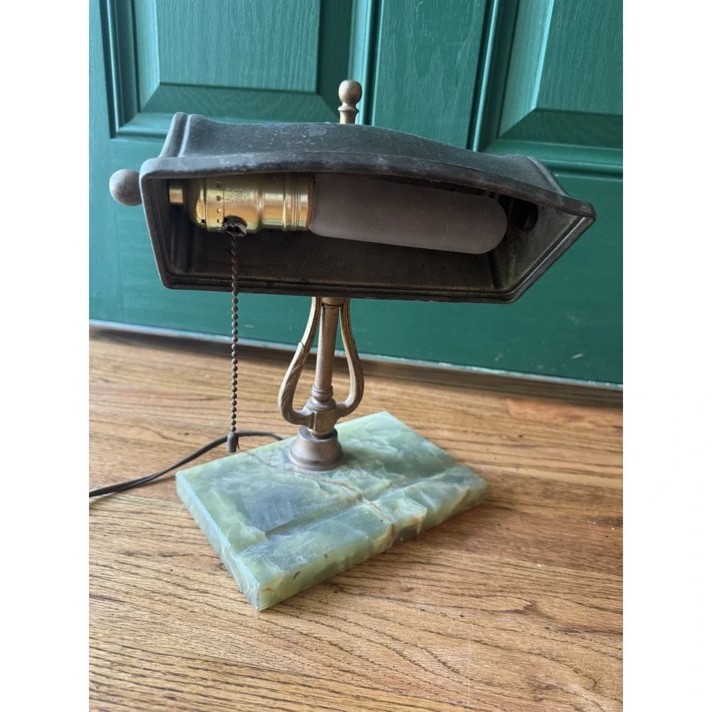 Vintage‎ Banker's Desk Lamp | Green Marble Base | Brass Lyre Stem | Mid Century